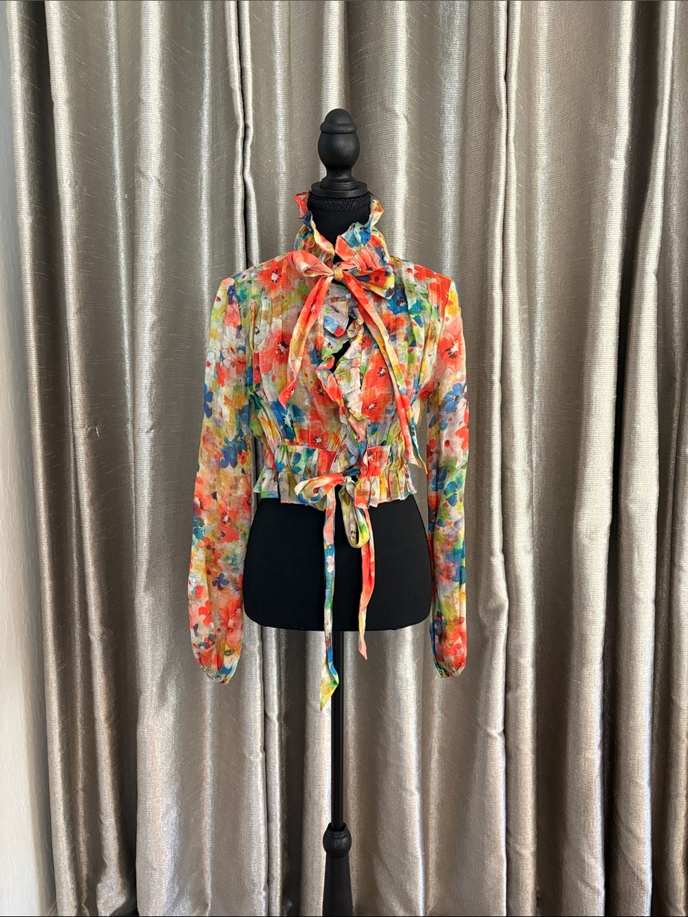 AKIRA Floral Tie-Neck Ruffled Cropped Blouse in Red, Blue, Green, Yellow